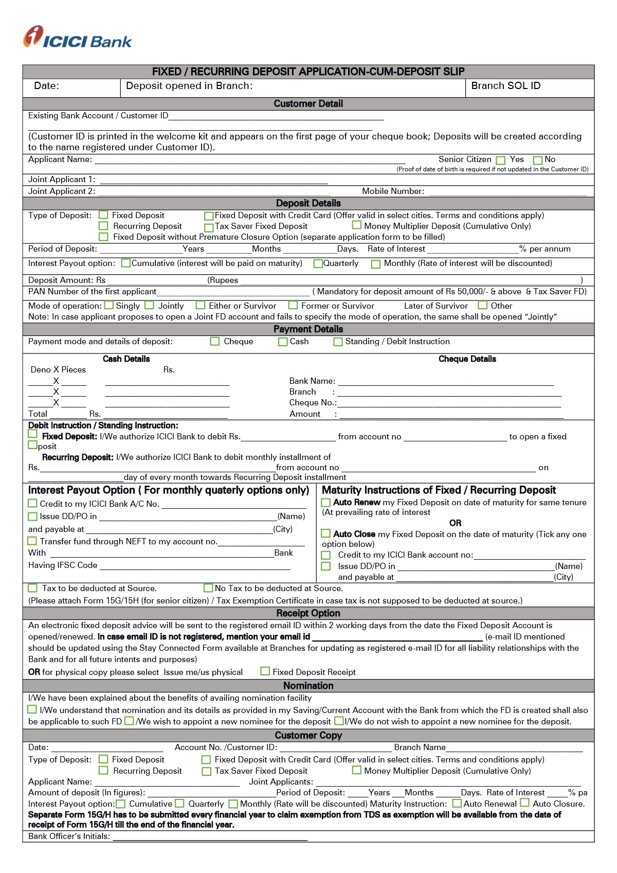 ICICI Fixed Deposite Application Form