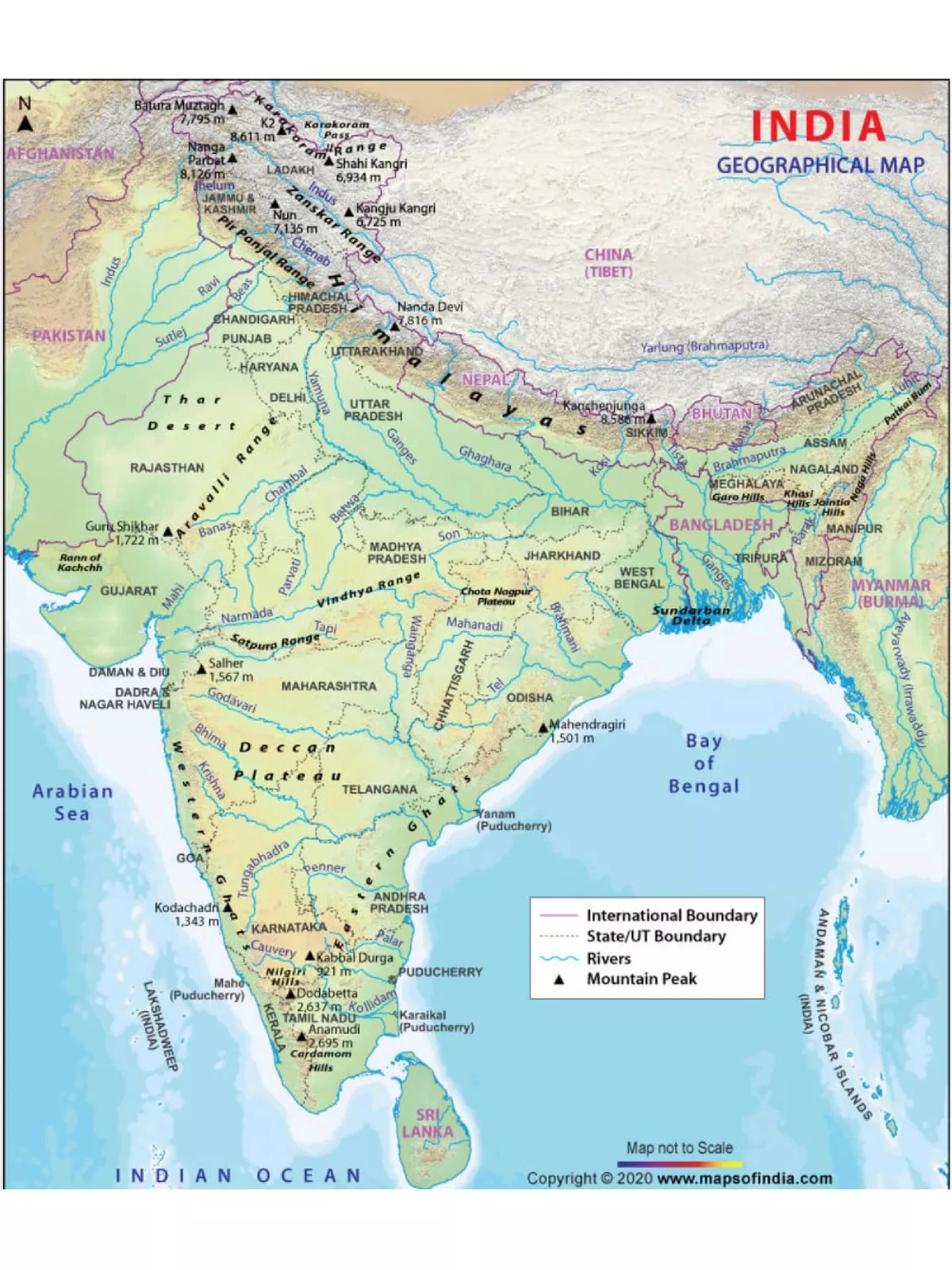 India Map with Rivers and Mountains