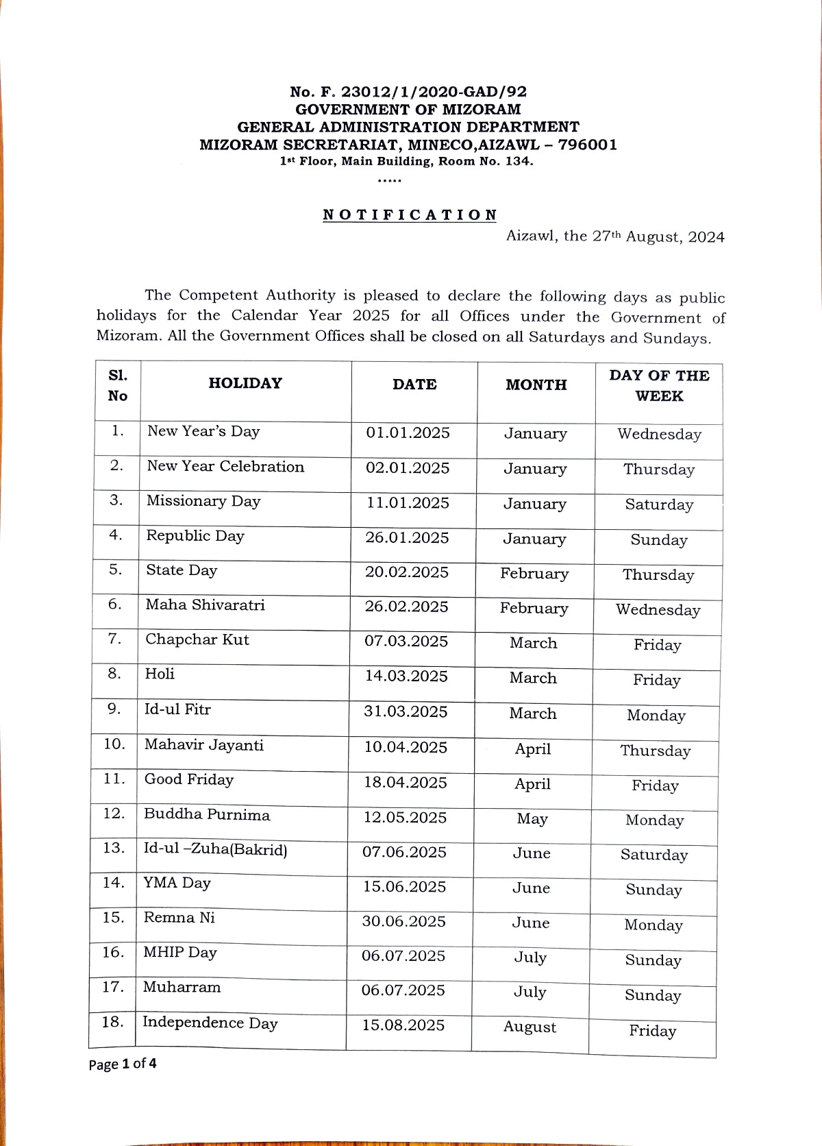 Mizoram Government Holiday List 2025