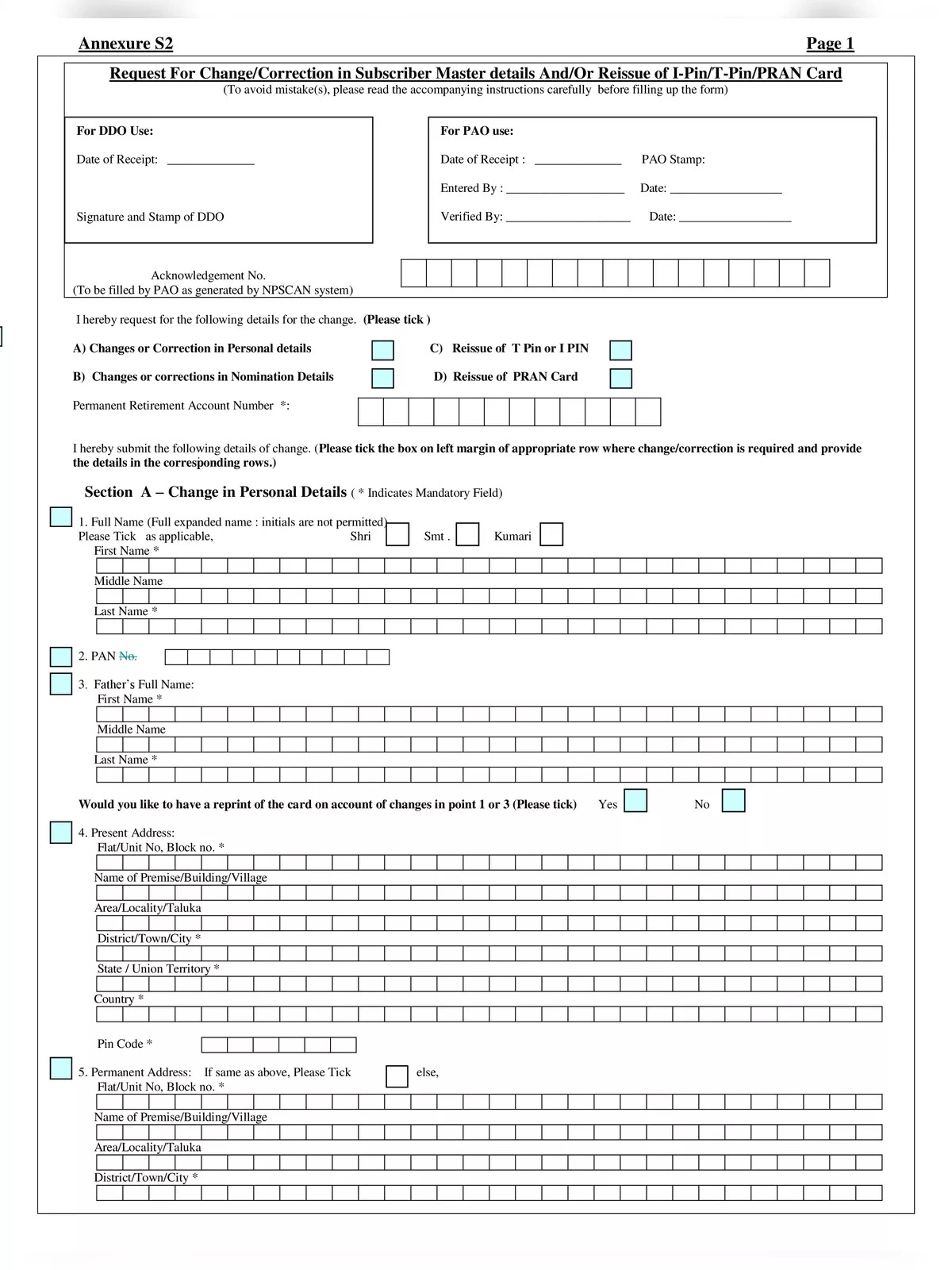 NPS S2 Subscriber Details Change Form