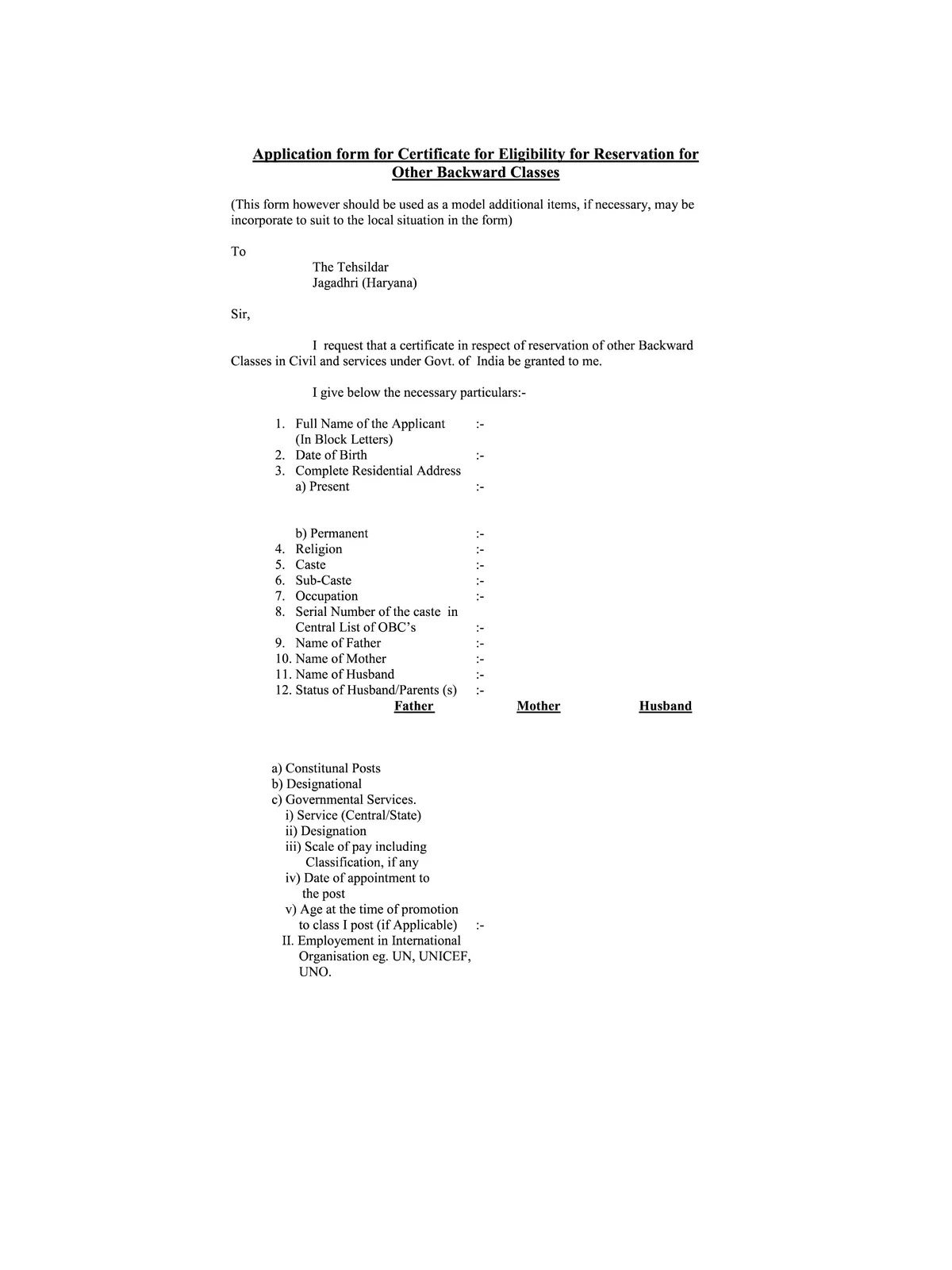 Haryana OBC Certificate Form