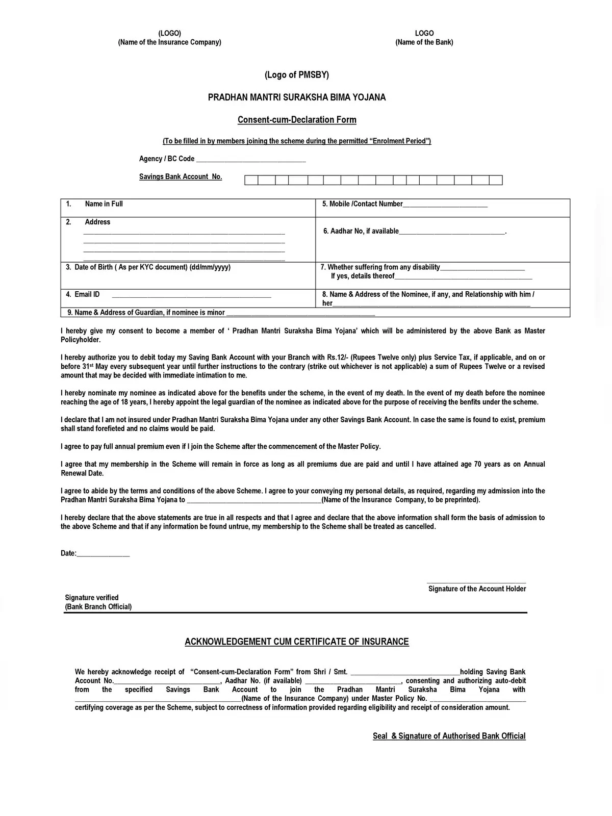 PMSBY Form - For Post Office & Banks