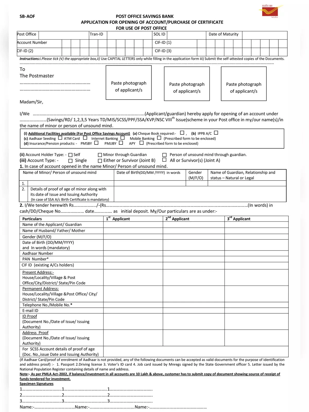 Post Office Saving Account Form