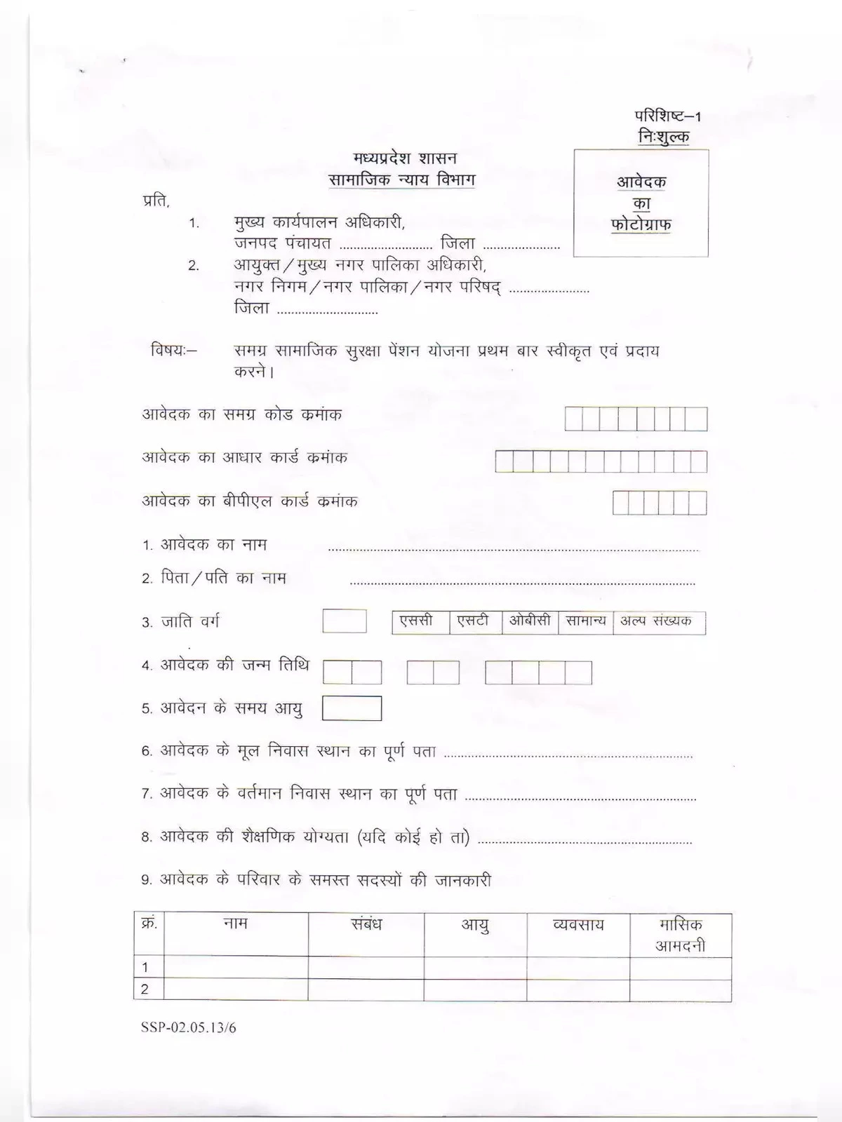 सामाजिक सुरक्षा पेंशन योजना फ़ार्म MP