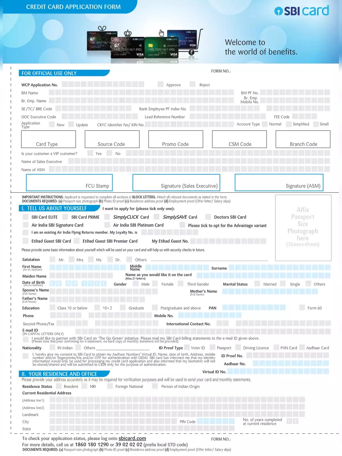 SBI Credit Card Application Form