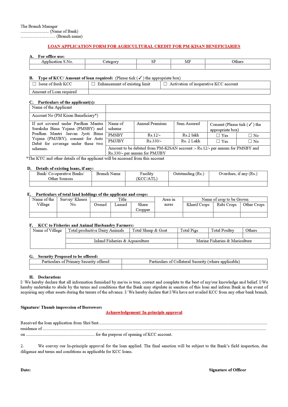 SBI Kisan Credit Card Application Form