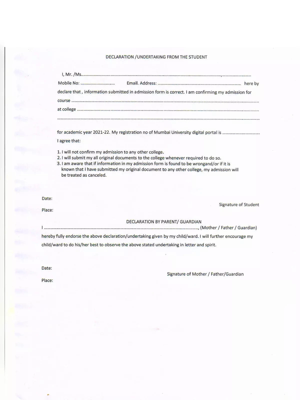 Undertaking Form Employee