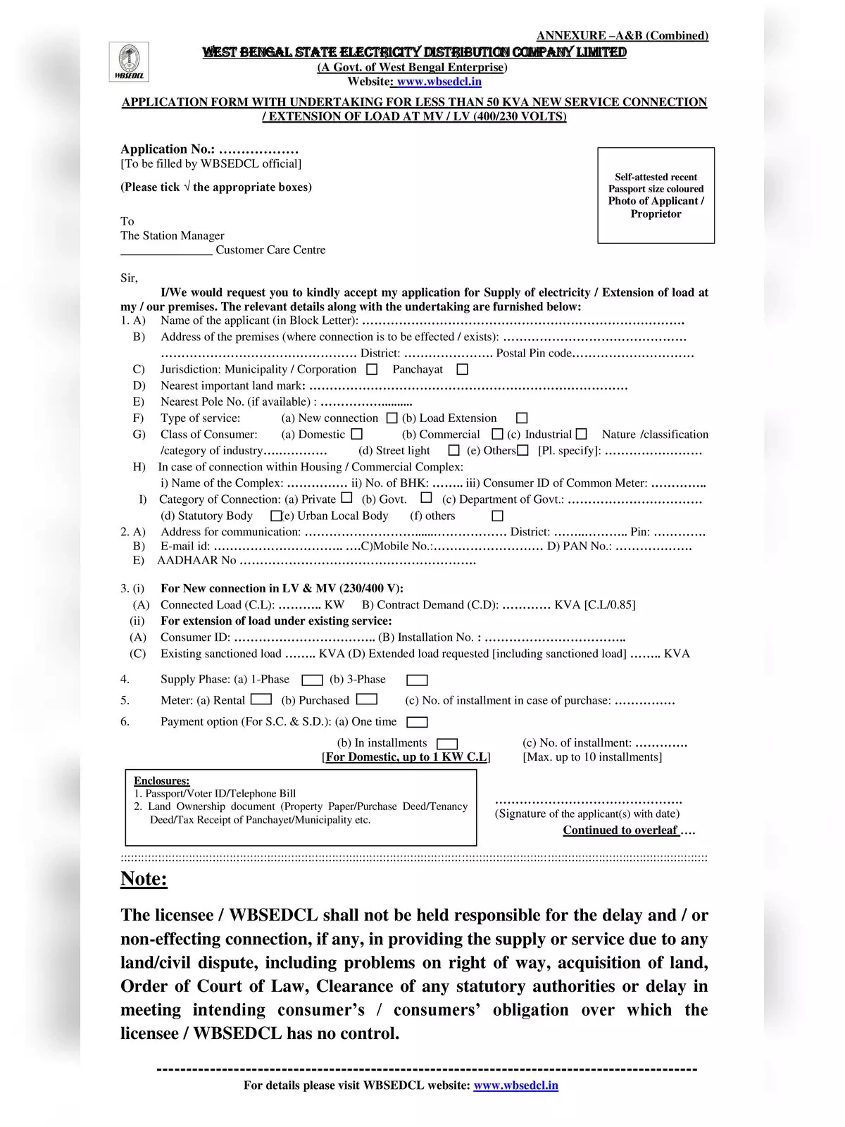 WBSEDCL New Connection Form