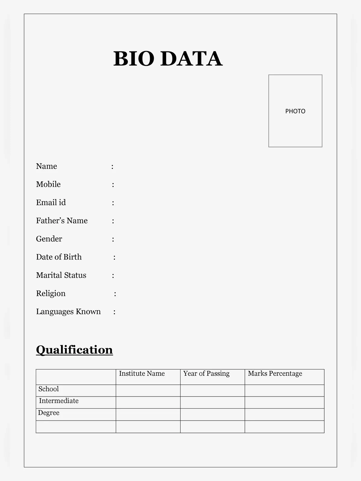 Biodata Form for Job