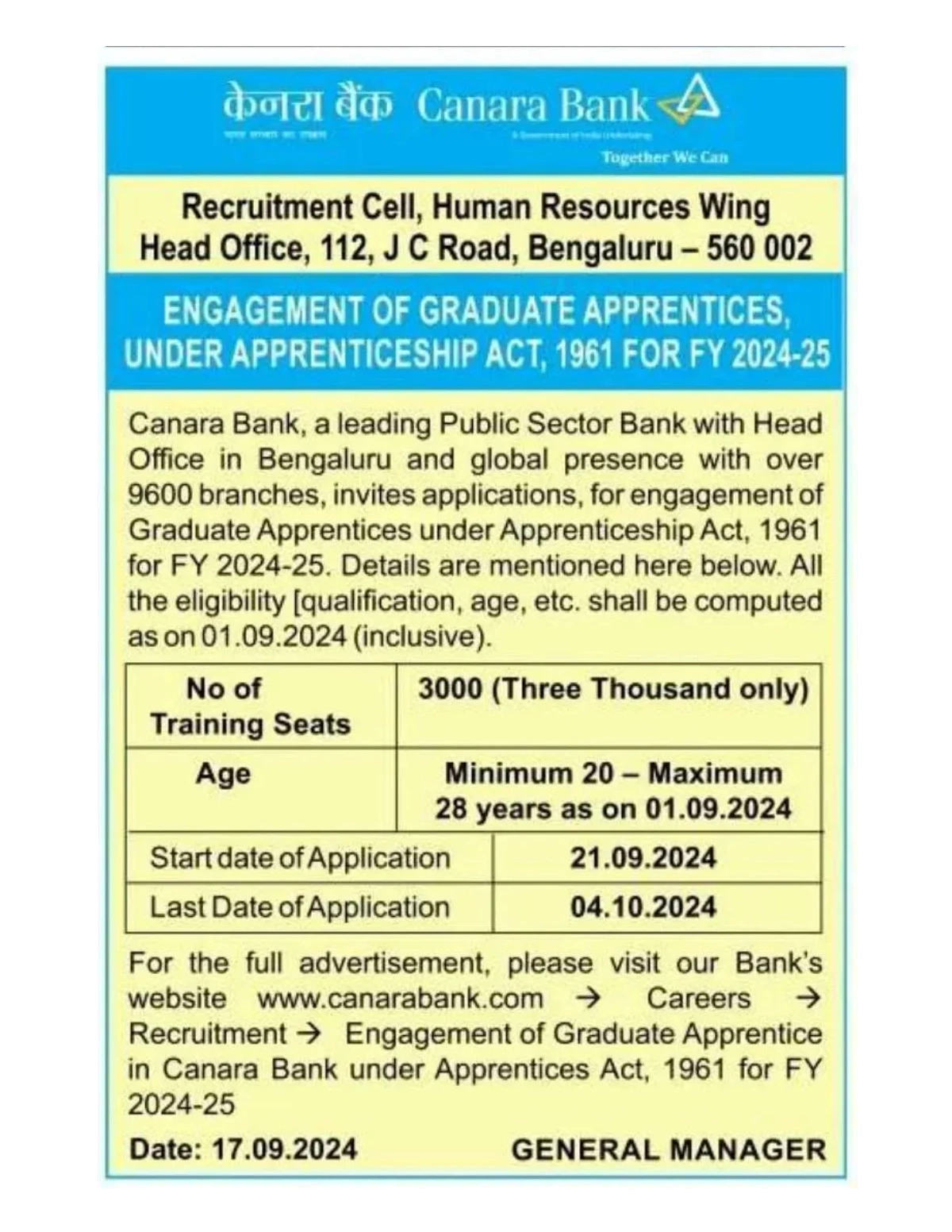 Canara Bank Recruitment 2024 Notification Out for 3000 Posts