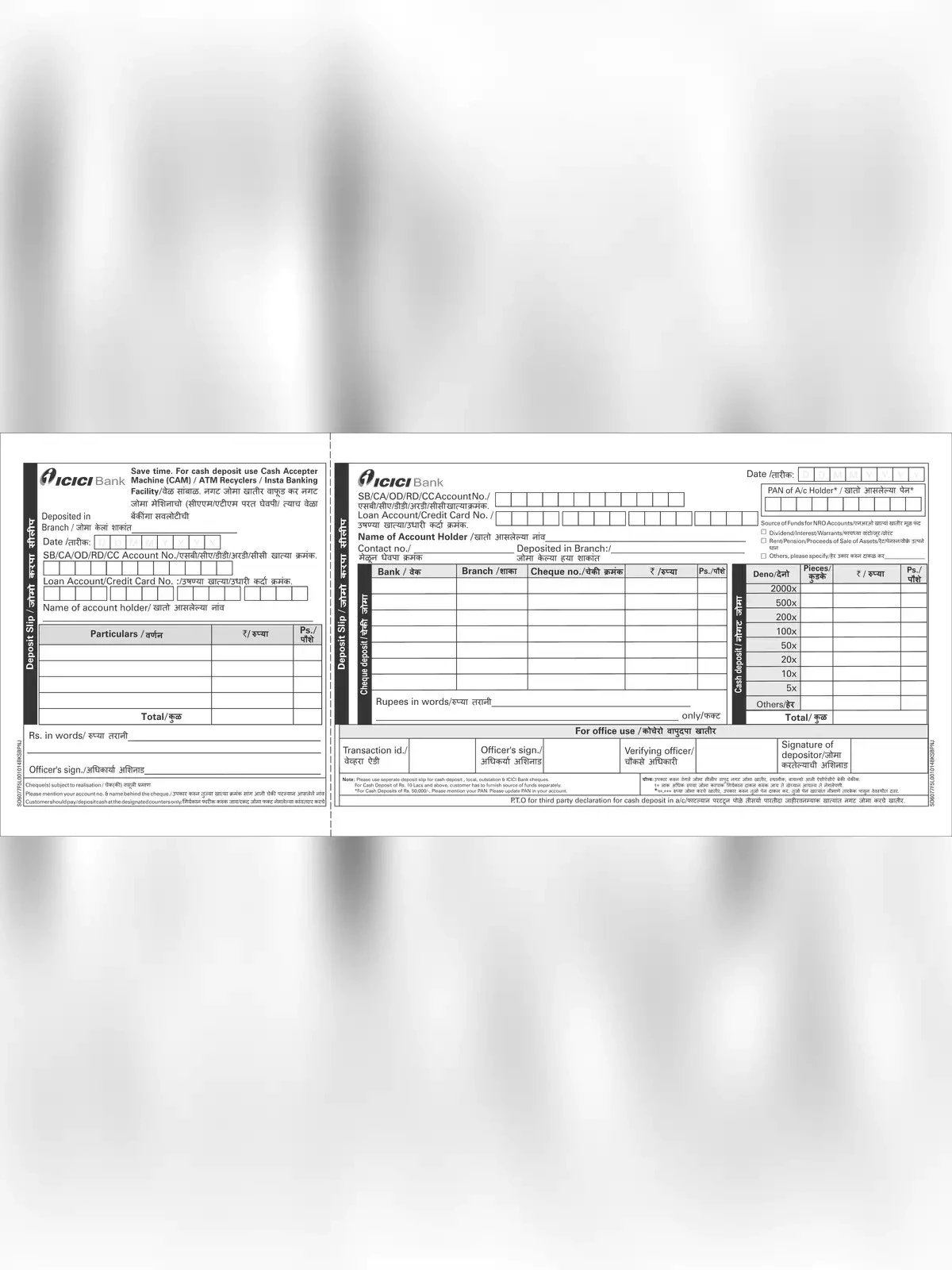 ICICI Cash Deposit Slip