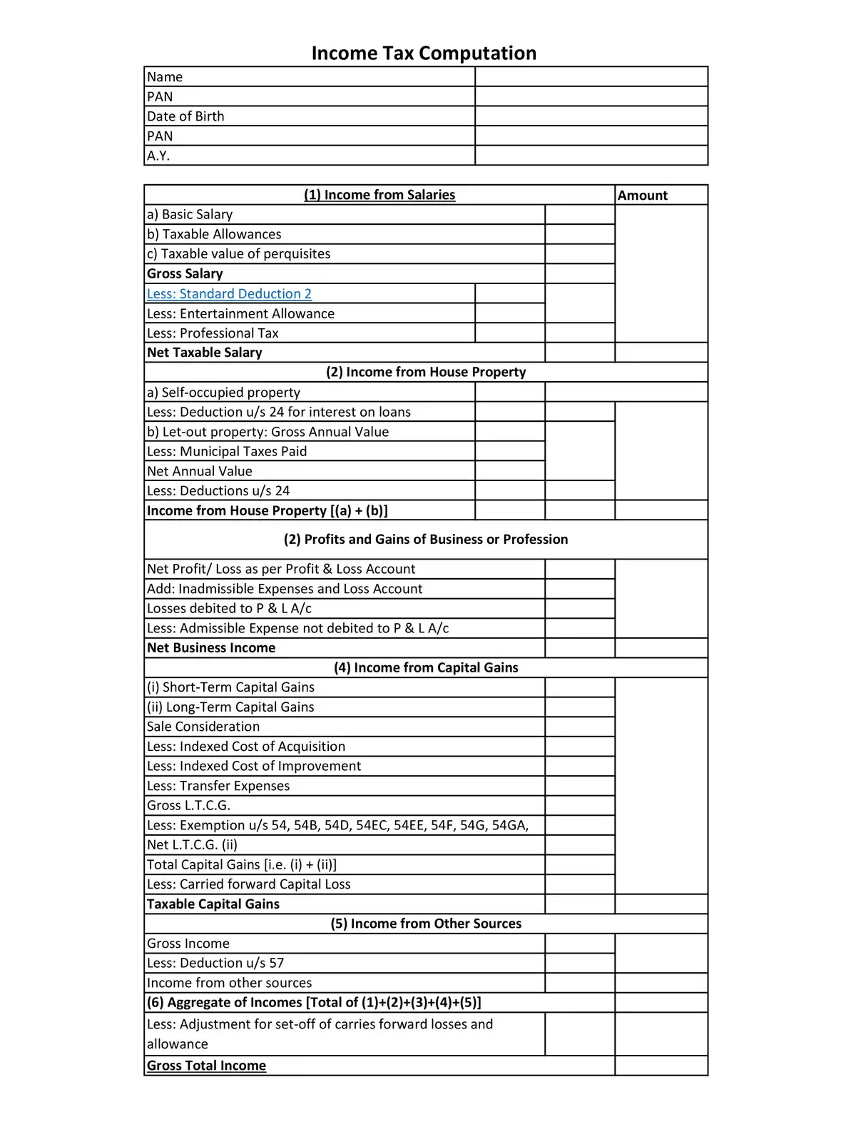 Income Tax Computation Format