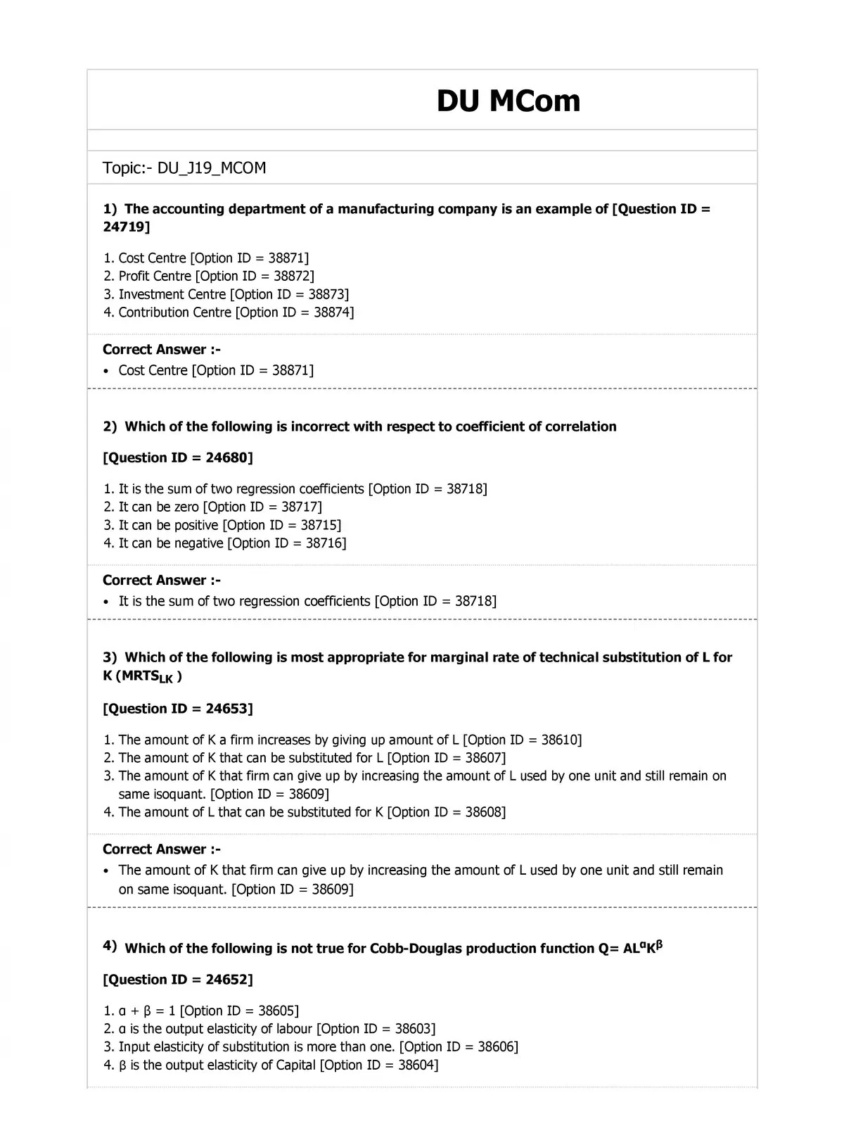 M.Com Entrance Exam Question Paper with Answer