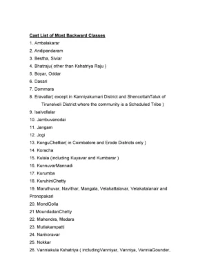 MBC Caste List in Tamil Nadu