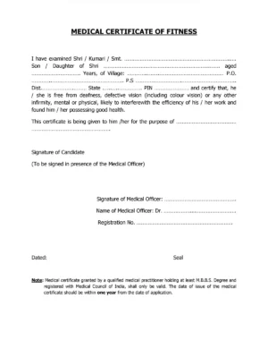 Medical Fitness Certificate Form/Format