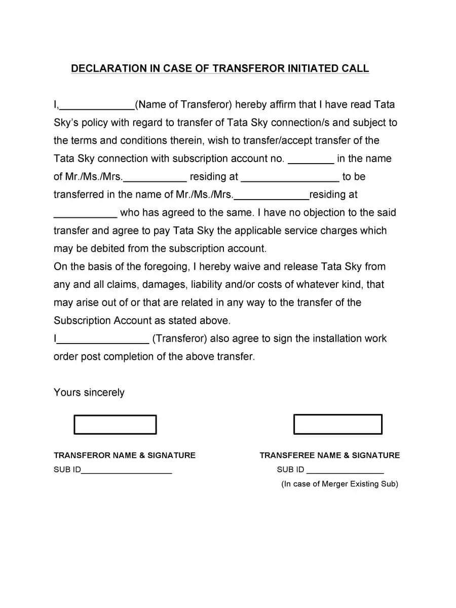 Tata Sky NOC Declaration Form for Connection Transfer 1PDF