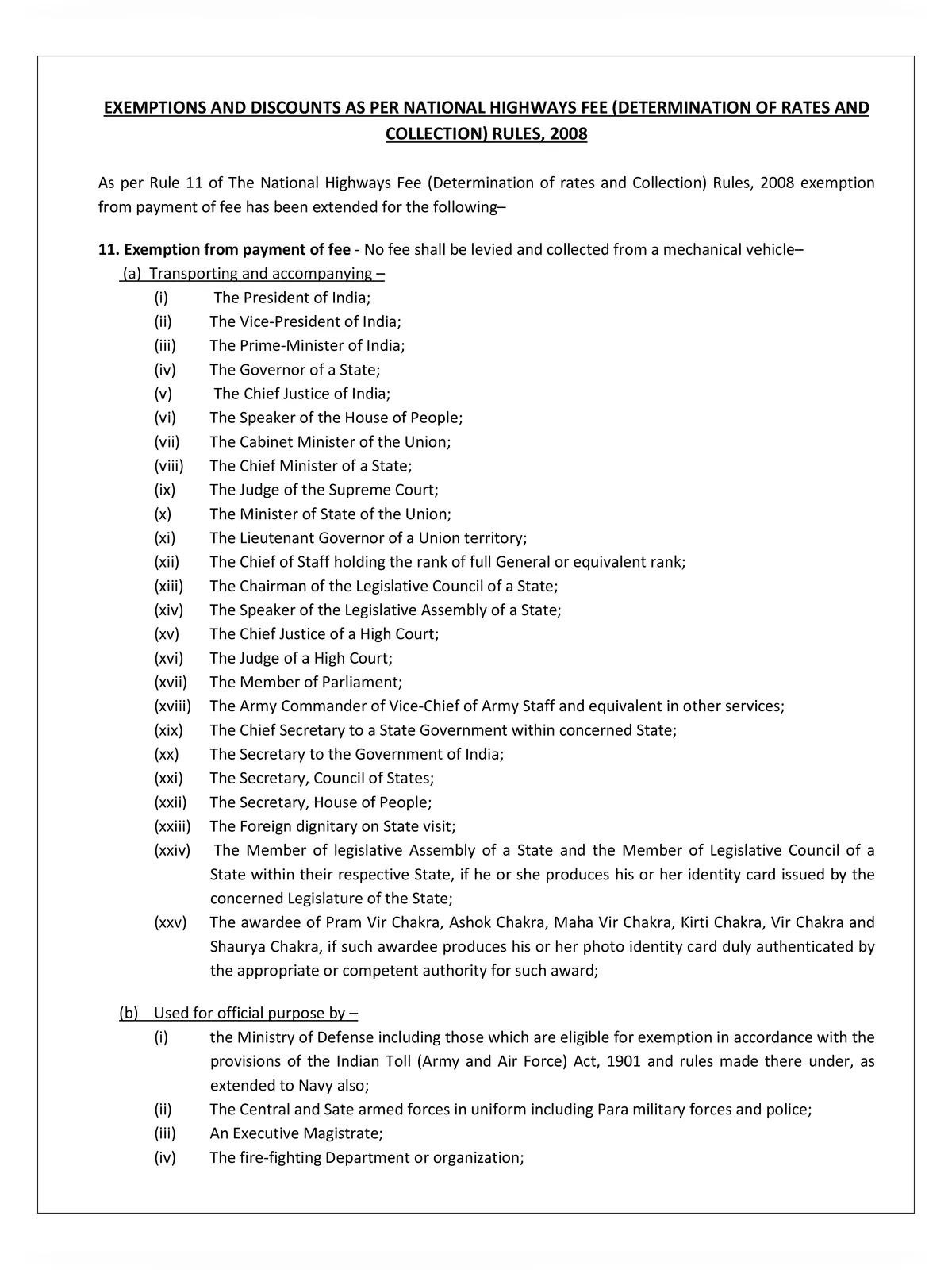 Toll Tax Exemption List 2024