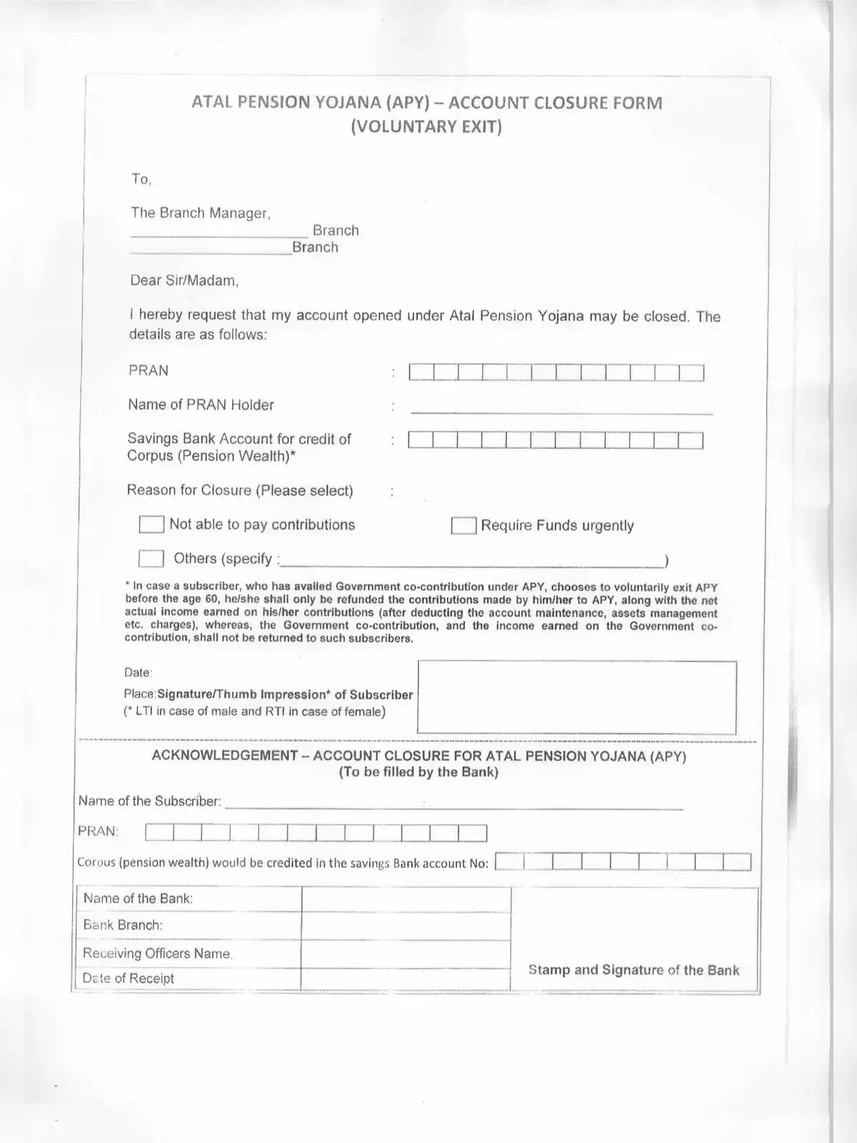 APY Closure Form (Atal Pension Yojana Closure)