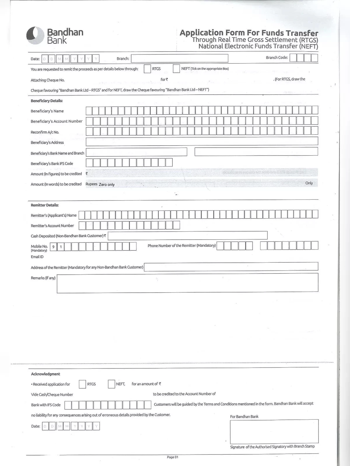 Bandhan RTGS – NEFT Form