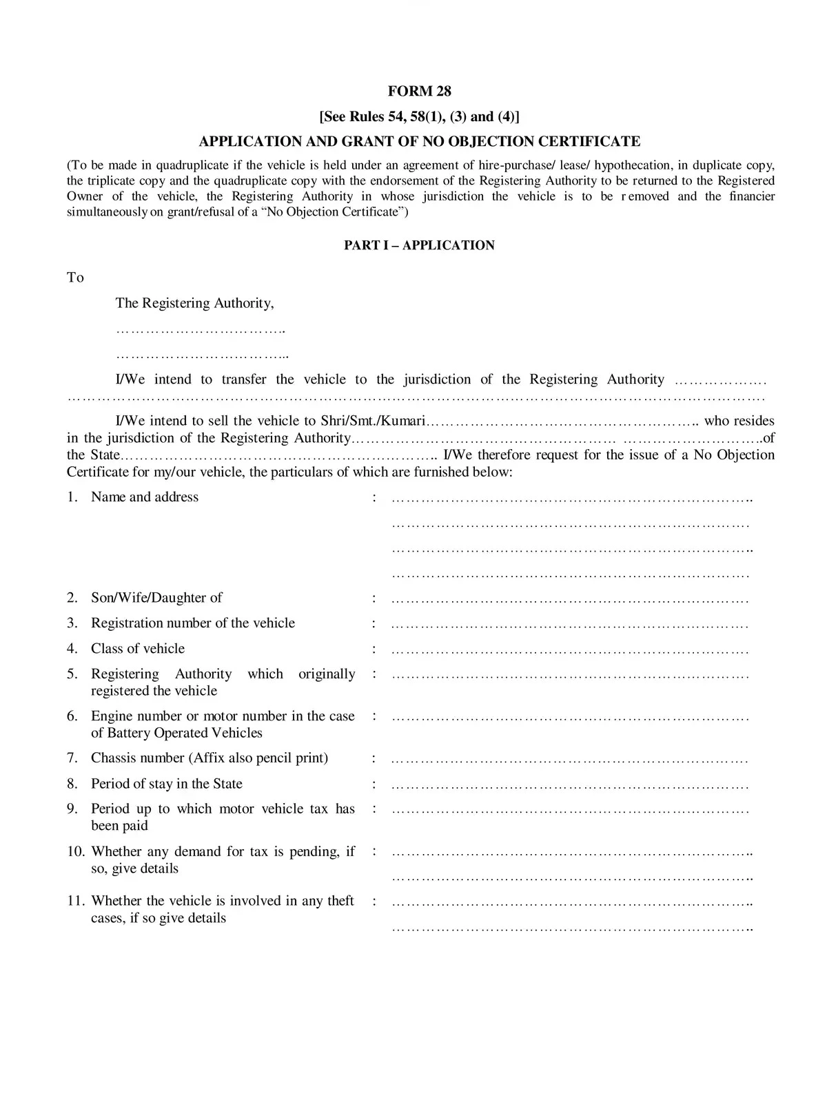 Application Form 28 for No Objection Certificate (NOC)