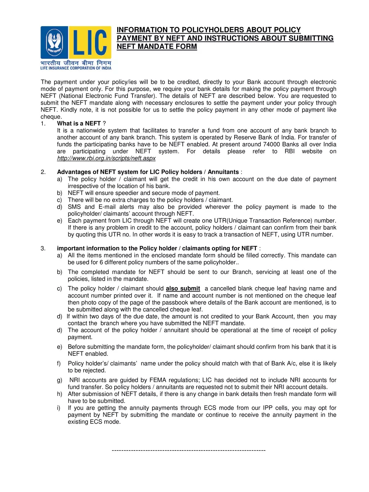 LIC Nach Mandate Form