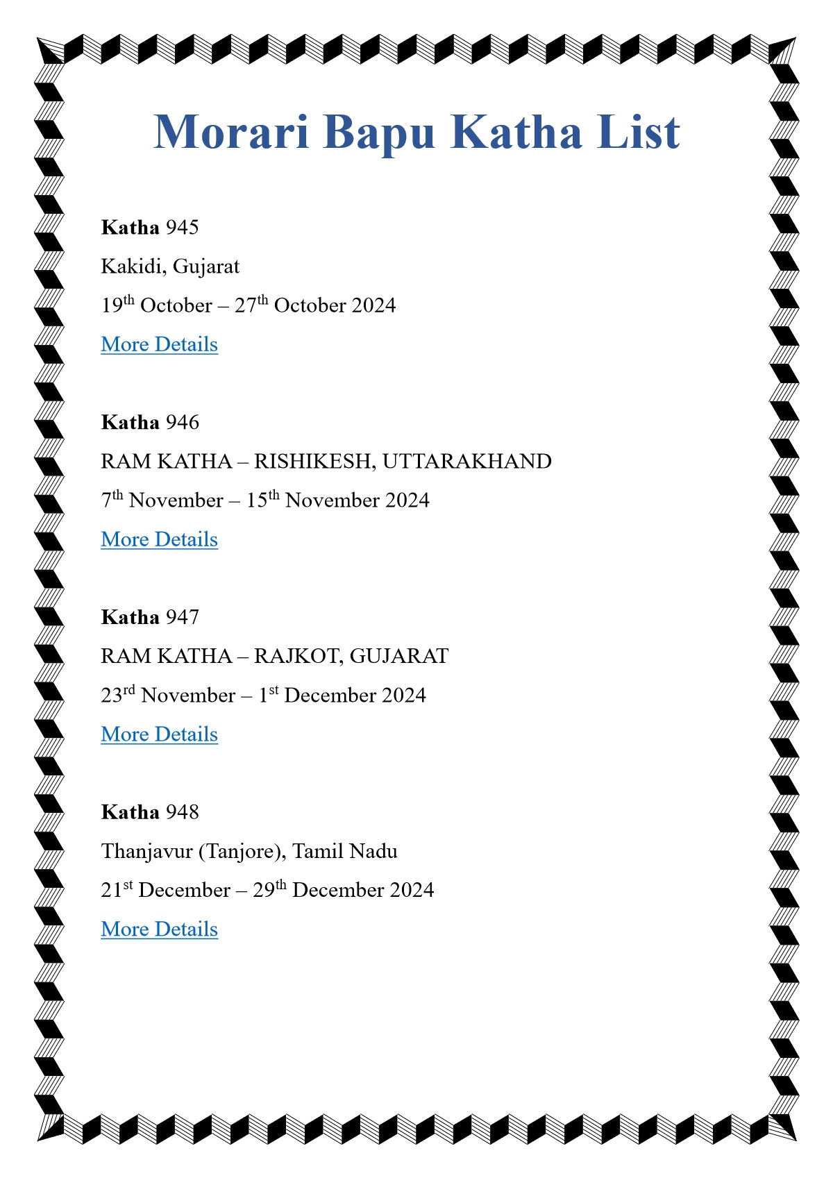 Morari Bapu Katha List With Date and Time