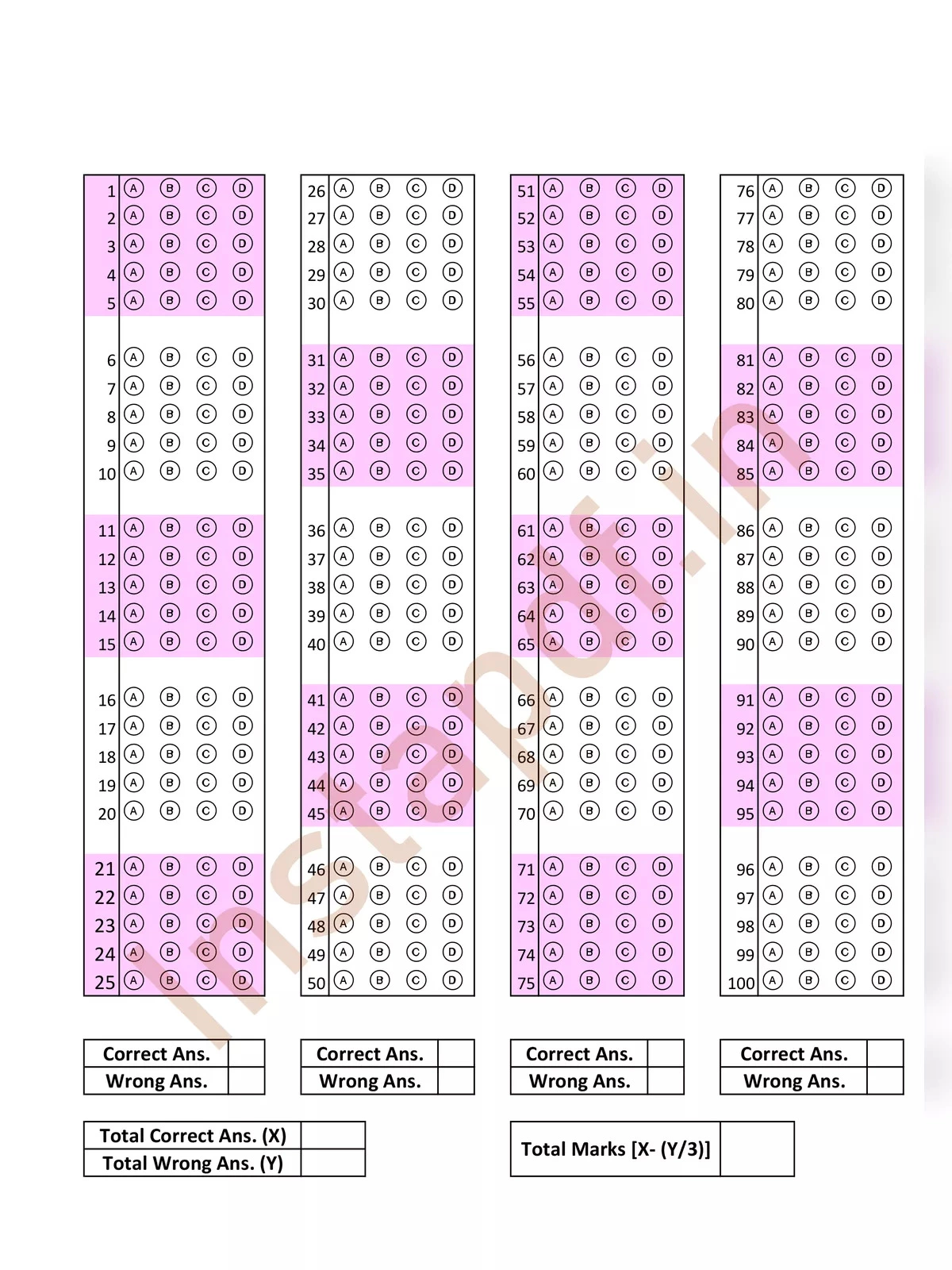 PSC Exam OMR Sheet