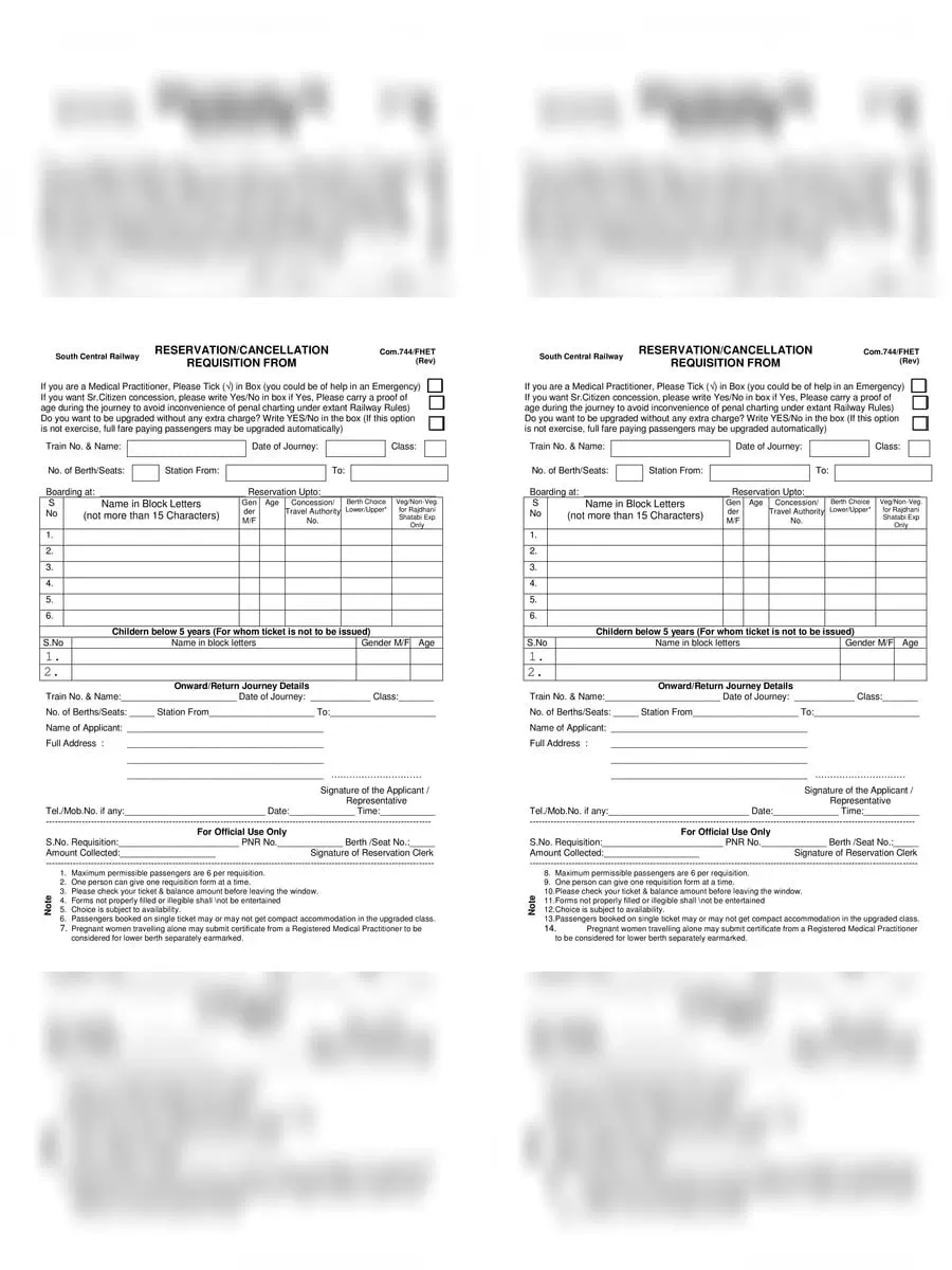 Railway Reservation / Cancellation Application Form