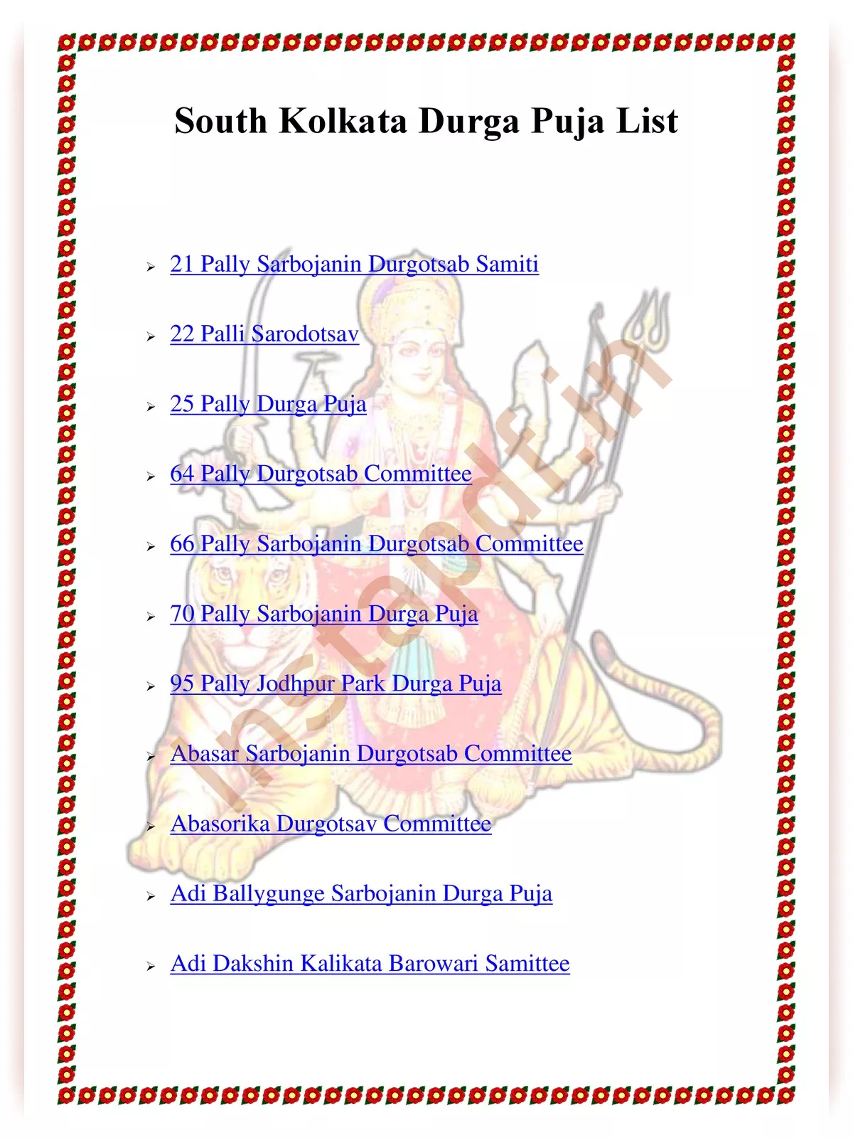 South Kolkata Durga Puja List