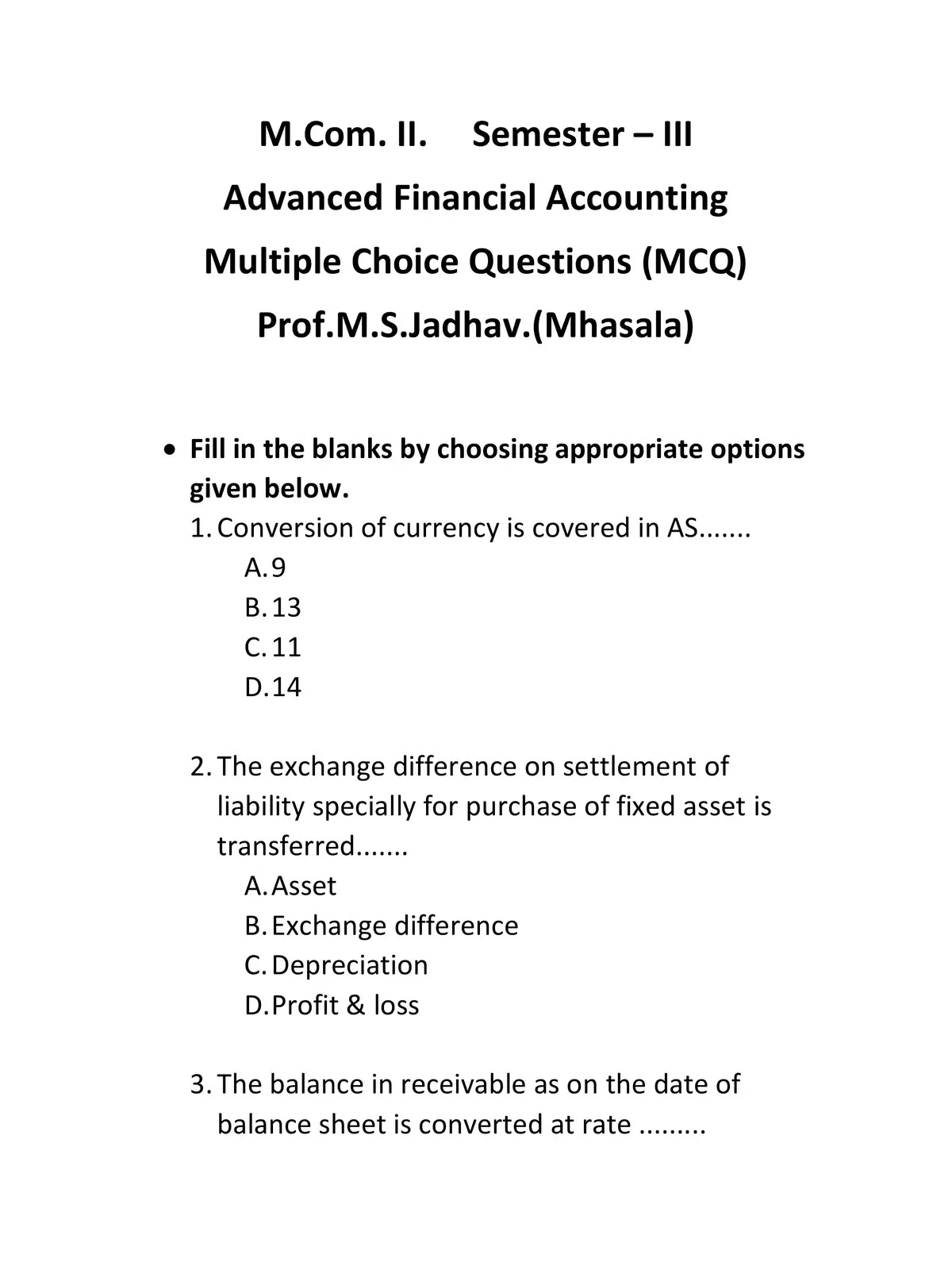 Advanced Financial Accounting MCQs with Answers