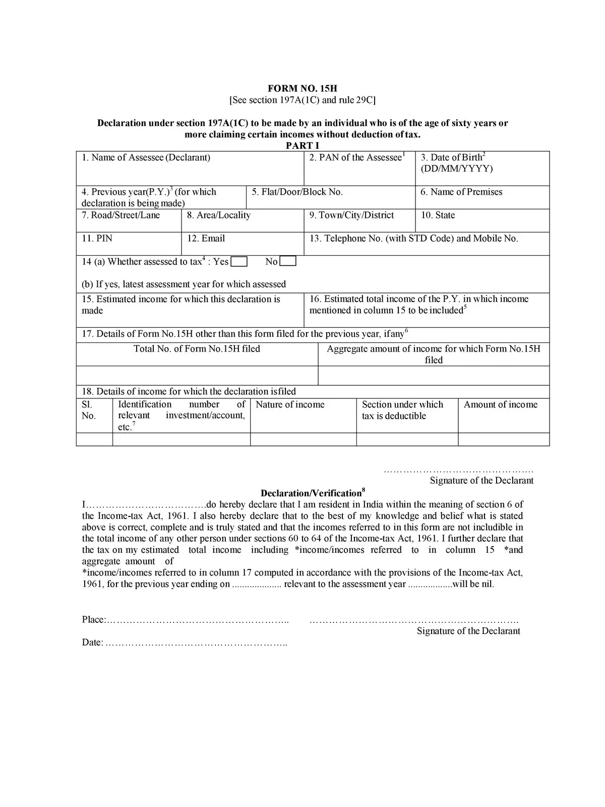 Bank of Baroda 15H Form