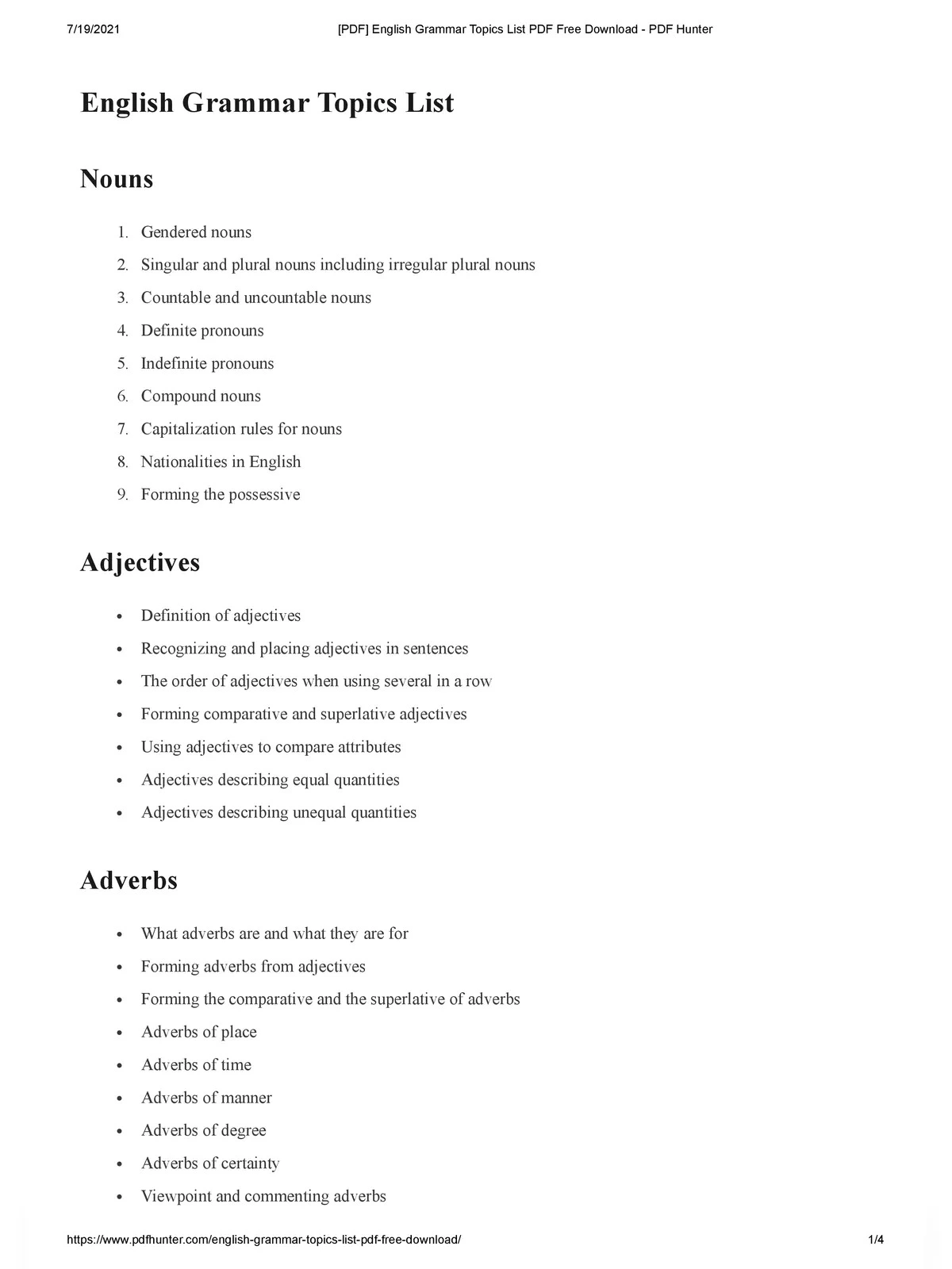 English Grammar All Topics List