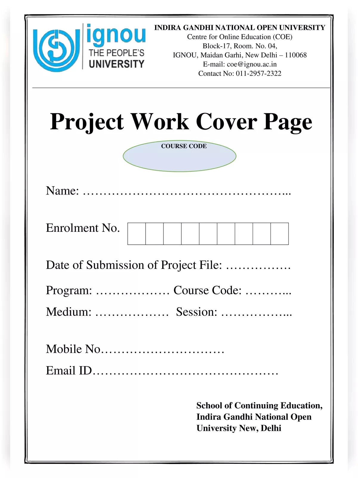 IGNOU Project Cover Page