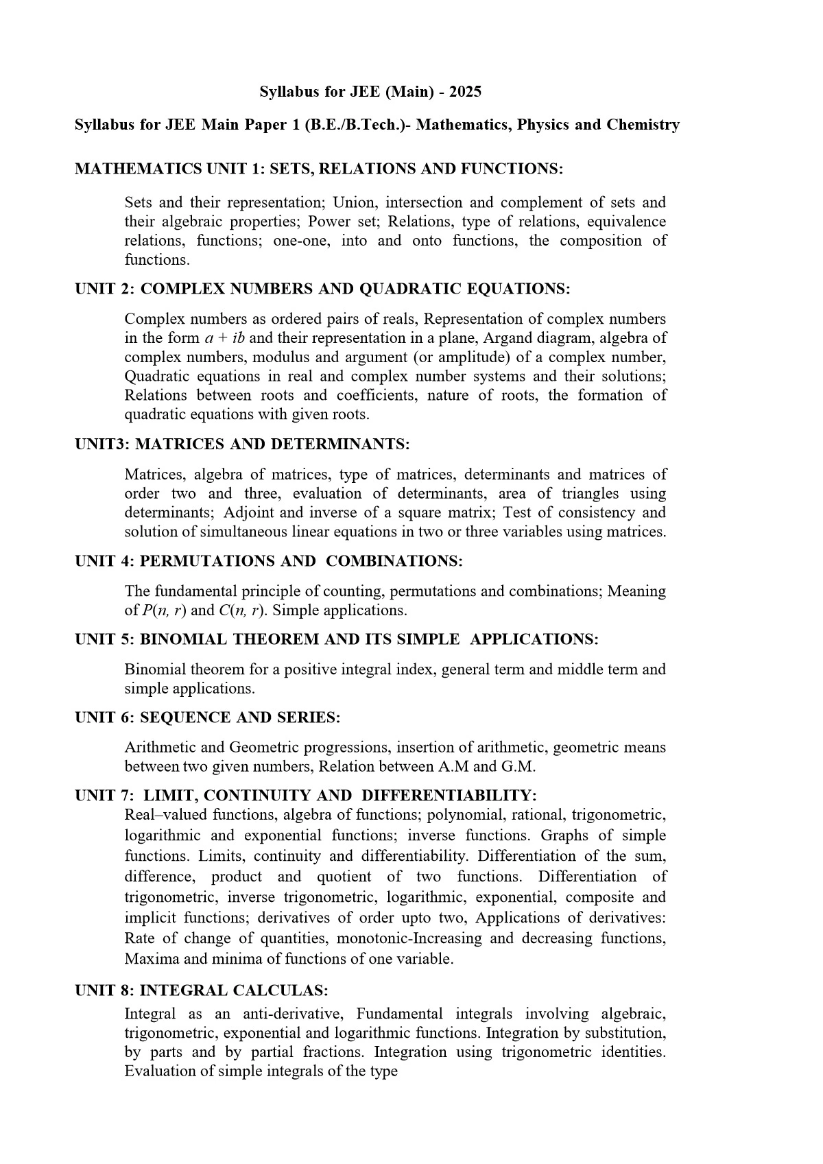 JEE Main 2025 Syllabus by NTA