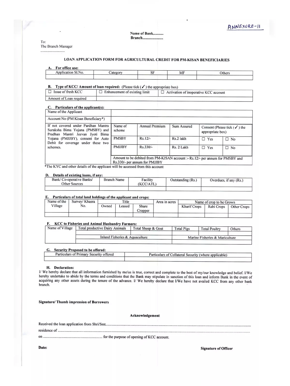 Kisan Credit Card (KCC) Application Form