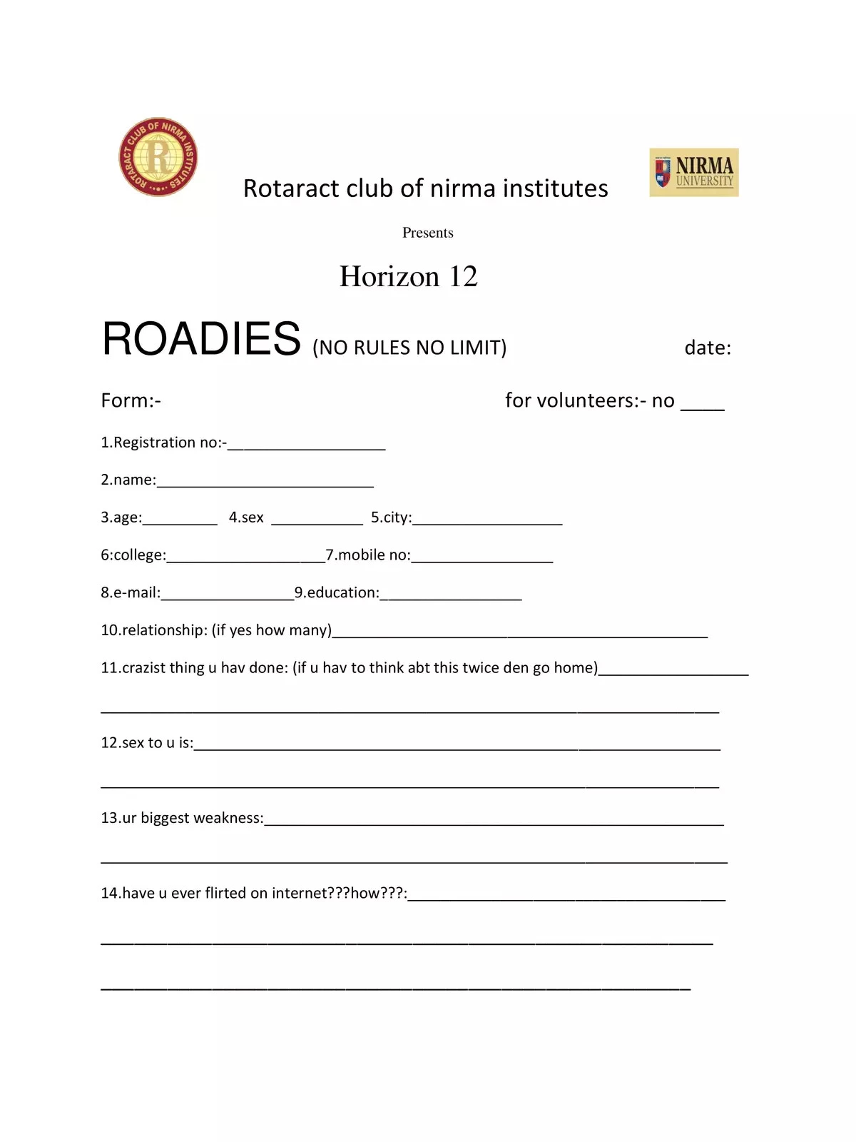 Roadies Audition Form - 1PDF