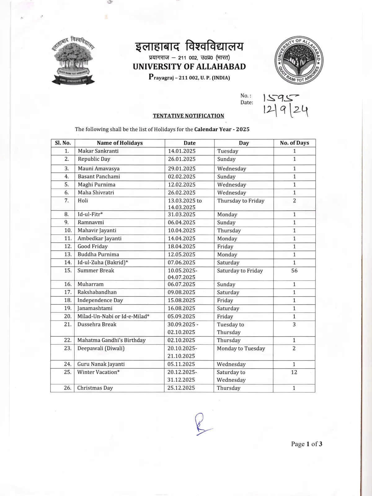 Allahabad University Holiday List 2025