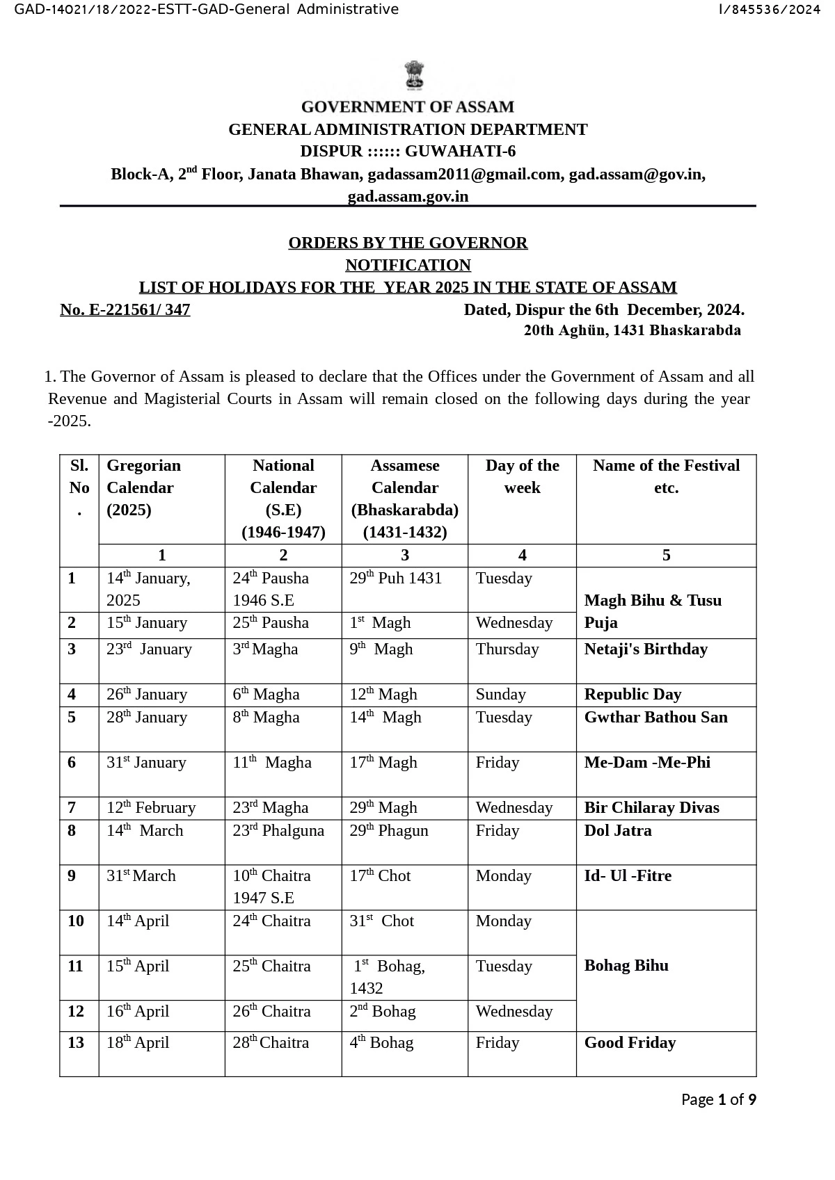 Assam Govt Holiday List 2025