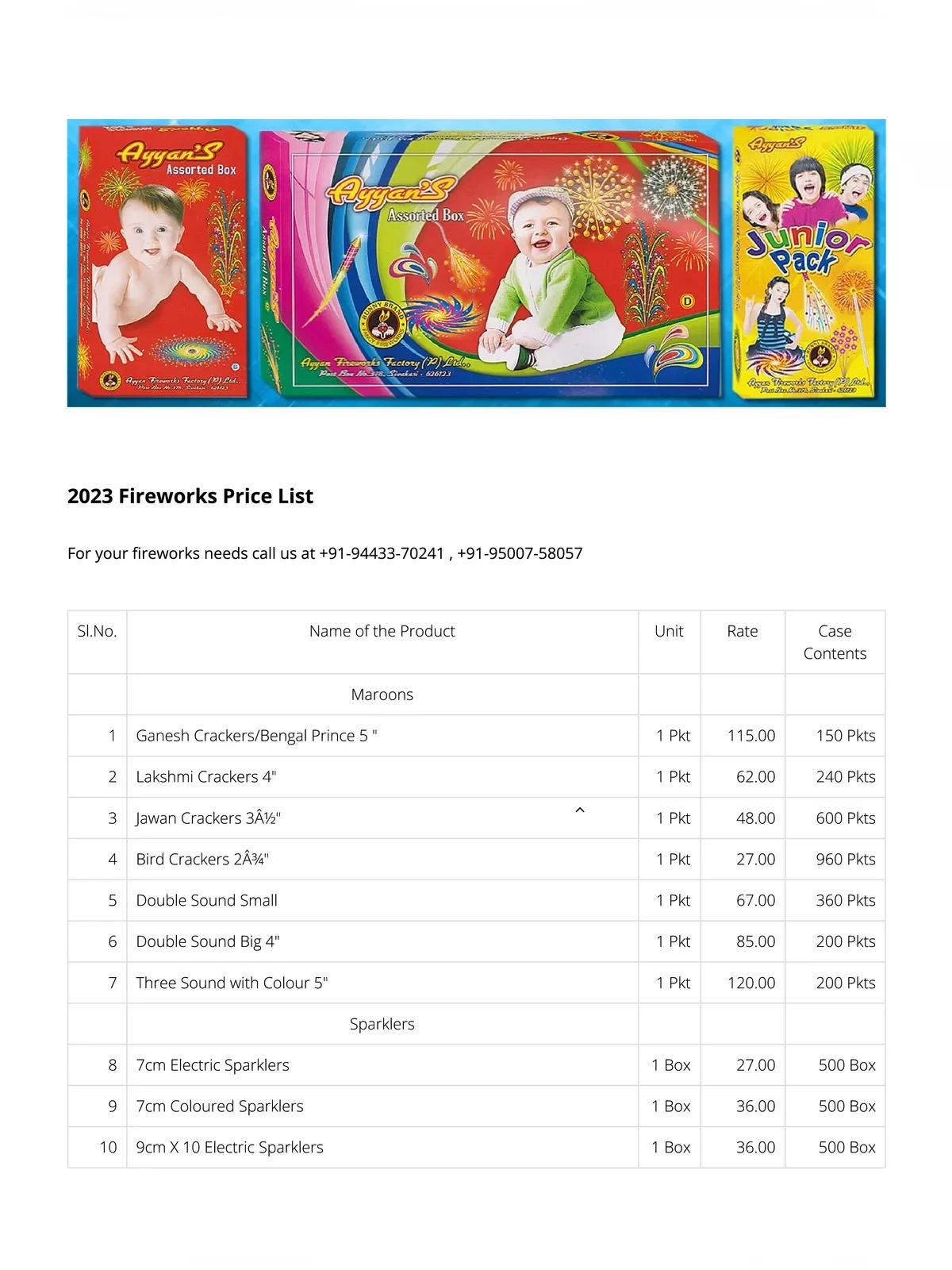 Ayyan Fireworks Price List 2024