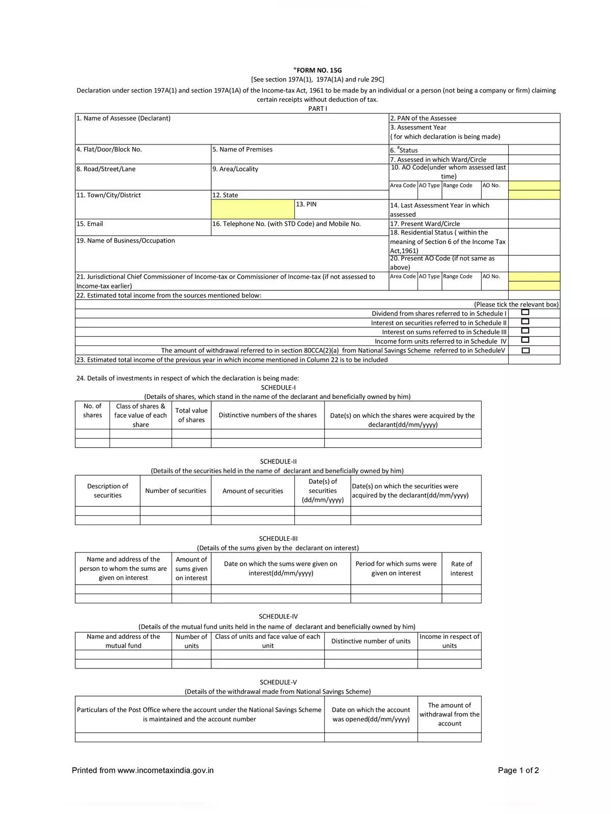 Bank of Baroda 15G Form