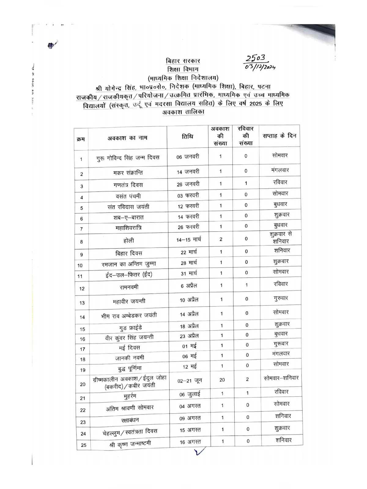 Bihar School Holiday List 2025 1PDF