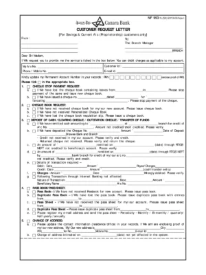 Canara Bank Customer Request Form