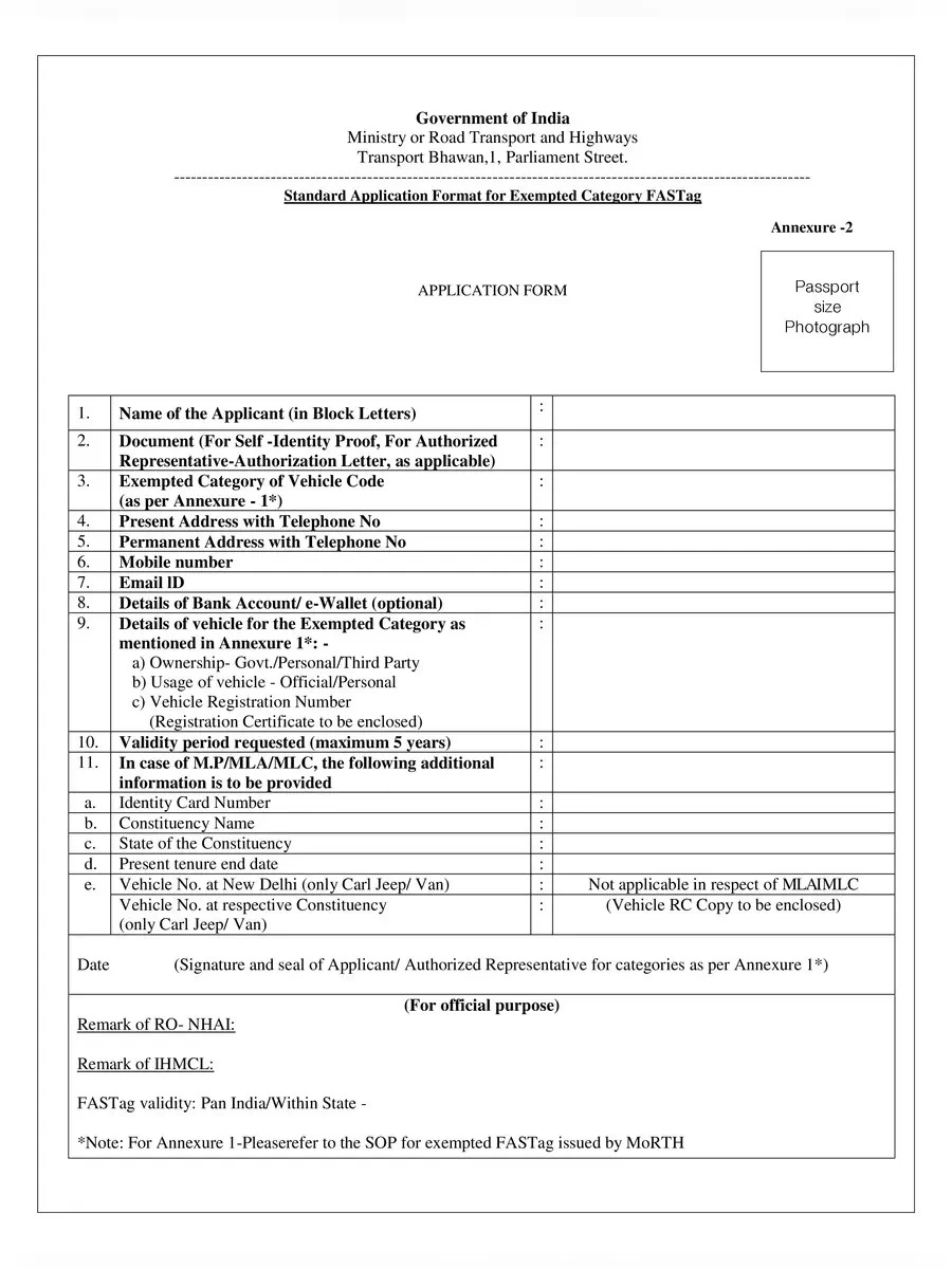 Exempted Fastag Application Form