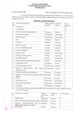 Haryana Govt Holiday List 2025