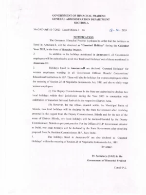 HP Govt Gazetted Holidays 2025