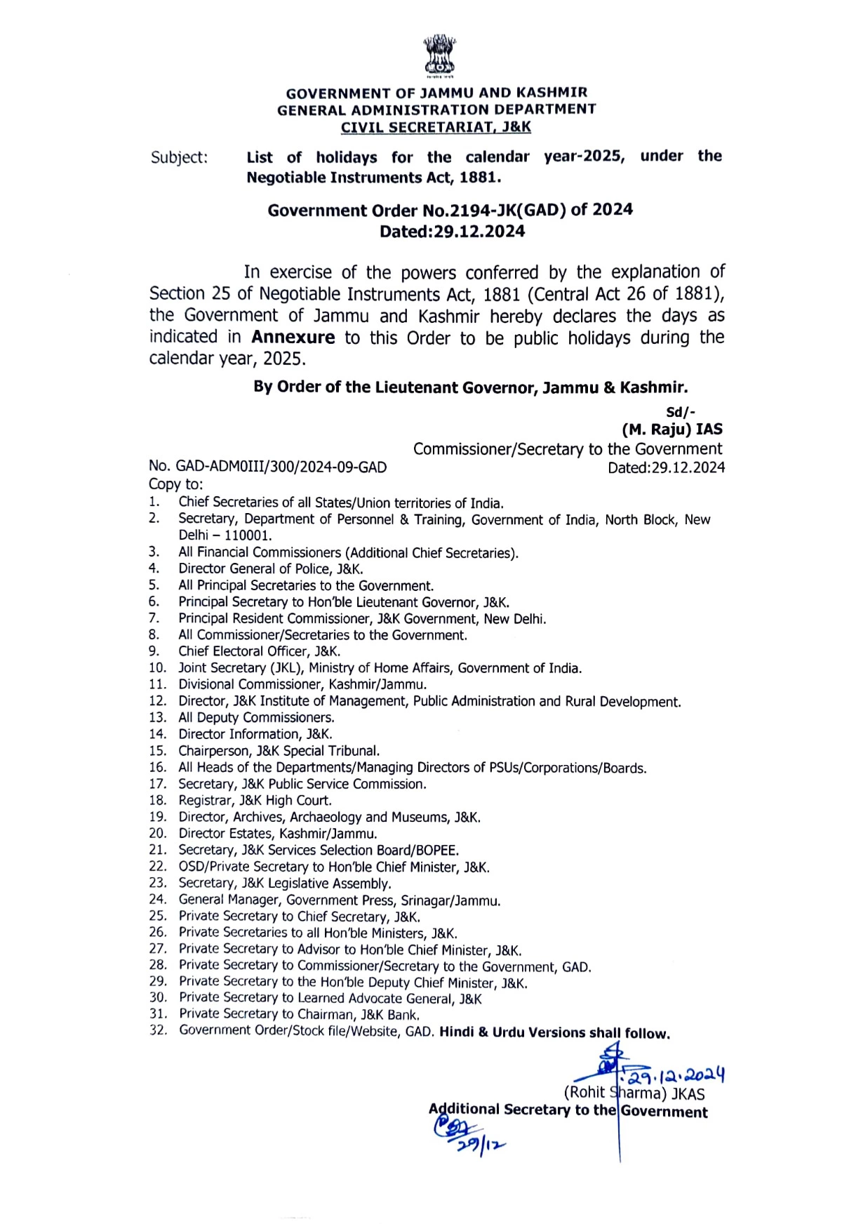 J & K Govt Holidays 2025