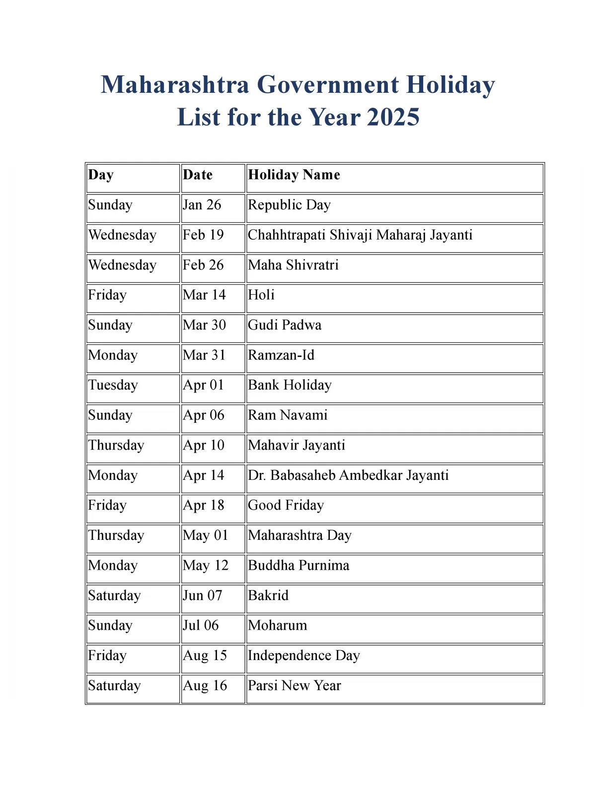 January 2025 Holiday Calendar Maharashtra