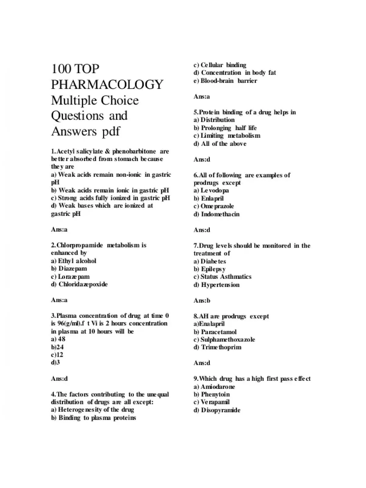 Pharmacology and Toxicology MCQs with Answers