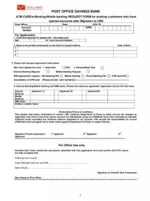 Post Office Application For ATM Card / Internet / Mobile / SMS Request Form