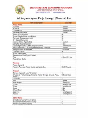 Satyanarayana Pooja Samagri List